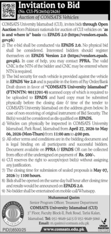 Auction of COMSATS Vehicles (No. CUI-PS/24(06)/24-25) - COMSATS University Islamabad (CUI)